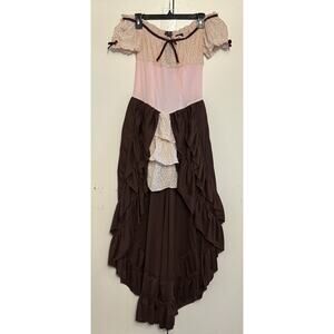 DreamGirl Renaissance Costume Dress Brown Pink High Low Ruffle Oktoberfest Large